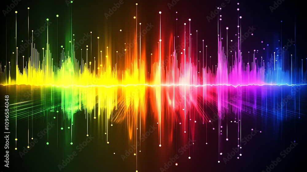 Poster a vibrant soundwave graphic displaying colorful audio frequencies and visual effects.