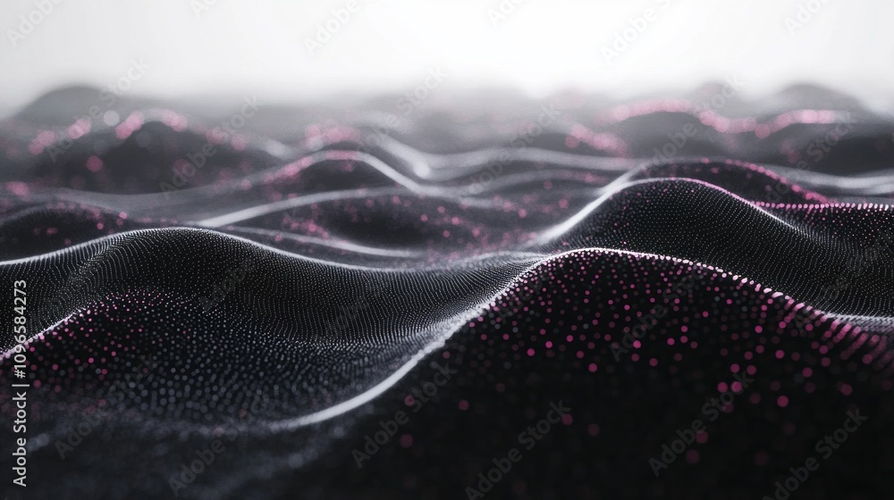 Poster a black and white image of a wave with pink dots