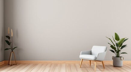 Minimalist interior design with a gray armchair and a plant on the wooden floor.