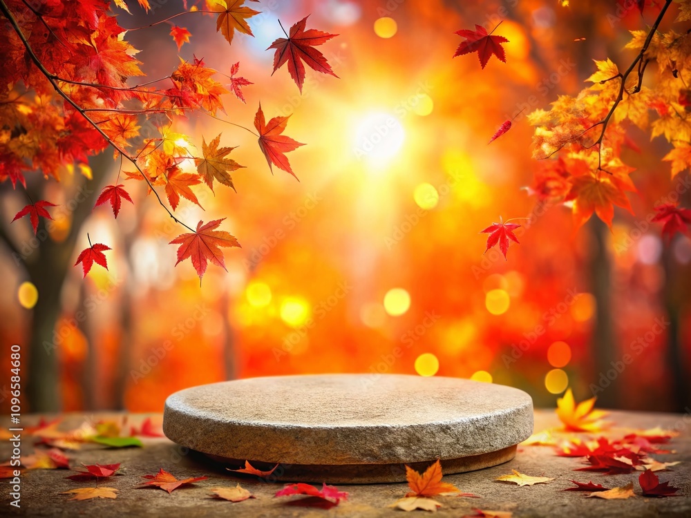 Poster circular stone platform surrounded by vibrant autumn leaves for product presentation in a bokeh effe
