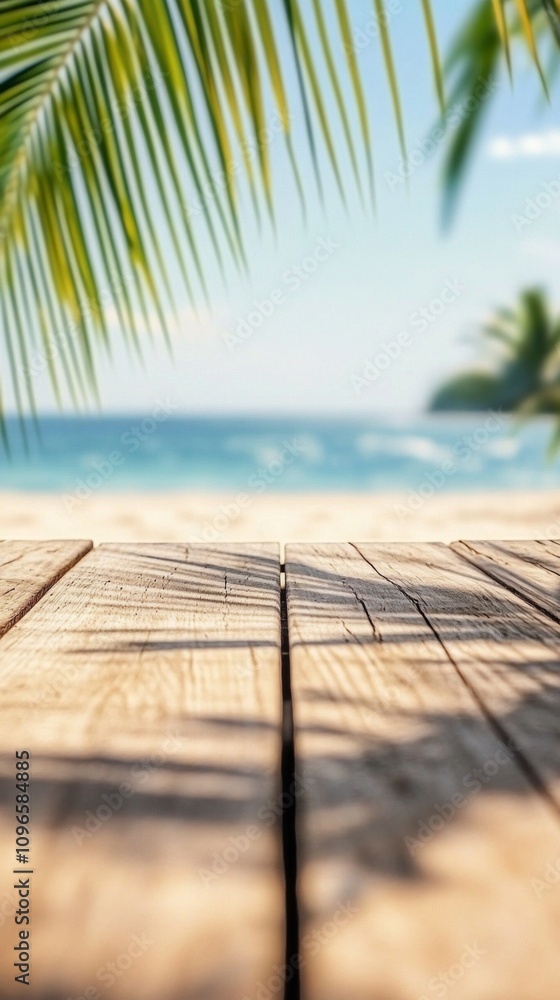 Poster a wooden table with a view of the ocean