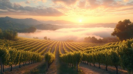 Fototapeta premium Sunrise over a Misty Vineyard: A Breathtaking Landscape Painting