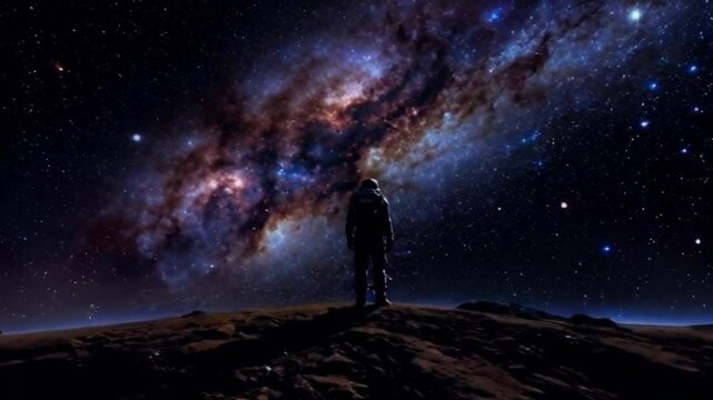 An astronaut standing on the surface of a distant planet, gazing at a stunning galaxy horizon filled with swirling cosmic clouds and shooting stars