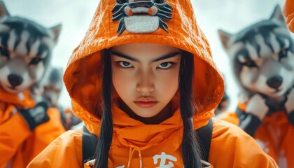 2024 Lunar New Year Fashion Modern Streetwear Collection Inspired by the Year of the Rabbit A Chic Blend of Traditional Zodiac Symbolism and Contemporary Design Featuring Orange Hoodies, Wolf Masks