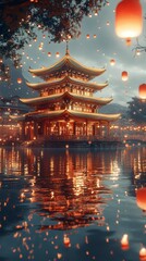 Fototapeta premium Golden Pagoda Reflecting on a Serene Lake at Night, a Tranquil Asian Cityscape