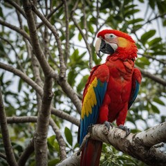 A striking scarlet macaw perched in a white, shell-decorated tree, offering a beautiful contrast with its vivid colors