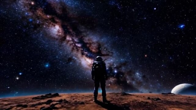 An astronaut standing on the surface of a distant planet, gazing at a stunning galaxy horizon filled with swirling cosmic clouds and shooting stars