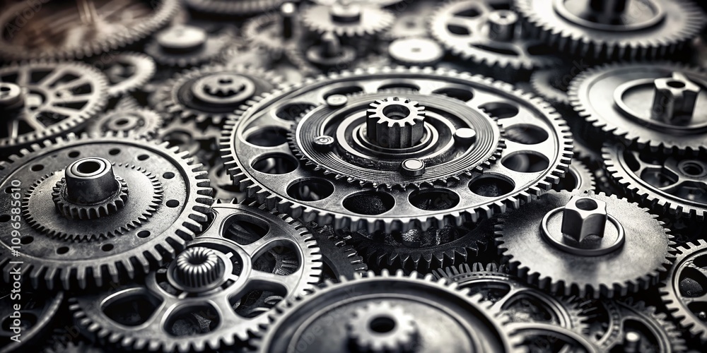 Poster close-up black and white image of intricate machine cogs and gears with bokeh effect, highlighting t