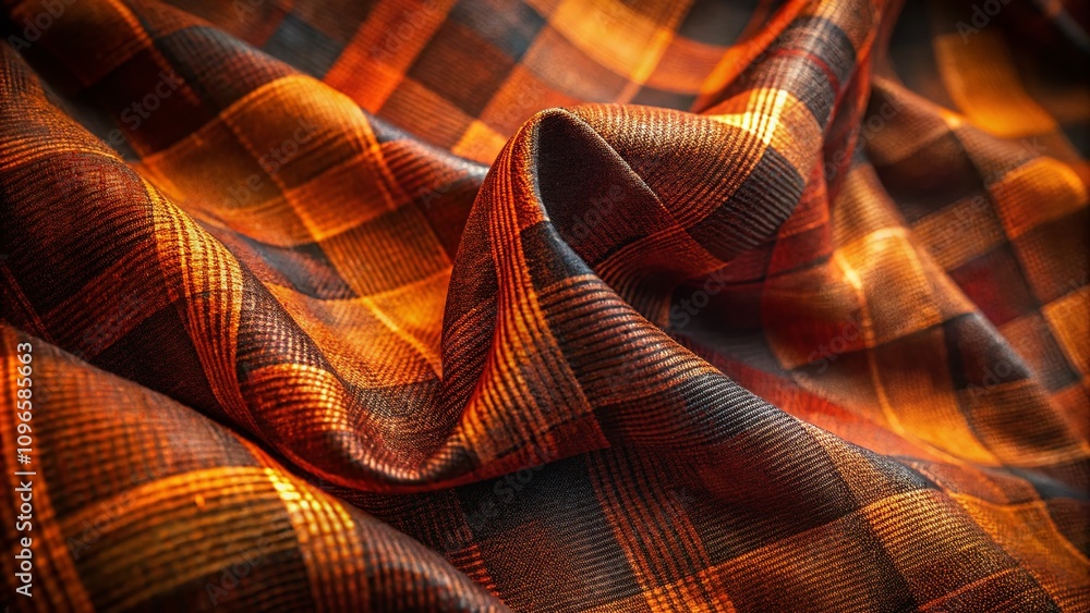 Poster close-up double exposure of dark orange textiles with checkered pattern showcasing the intricate str