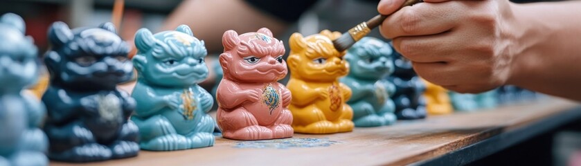 Fototapeta premium A craftsman meticulously paints intricate designs onto zodiac figurines, transforming simple clay into festive decorations These charming, hand-painted figurines, representing the twelve signs of the