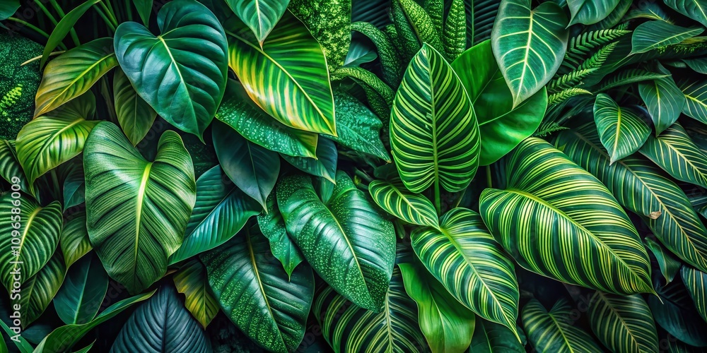 Poster close-up group of lush green leaves texture for abstract nature background, featuring exotic greener