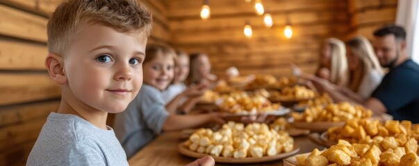 A heartwarming family gathering around a long wooden table, sharing platters of delicious food and exchanging heartfelt blessings Capture the joy of family unity, the warmth of togetherness, and the