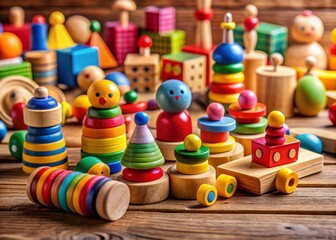 Close-Up Macro Photography of Colorful Wooden Toys Displayed on a Natural Wooden Surface, Showcasing Their Unique Textures and Finishes in Warm Natural Lighting