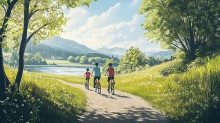 Family Cycling Together on a Scenic Path in the Countryside