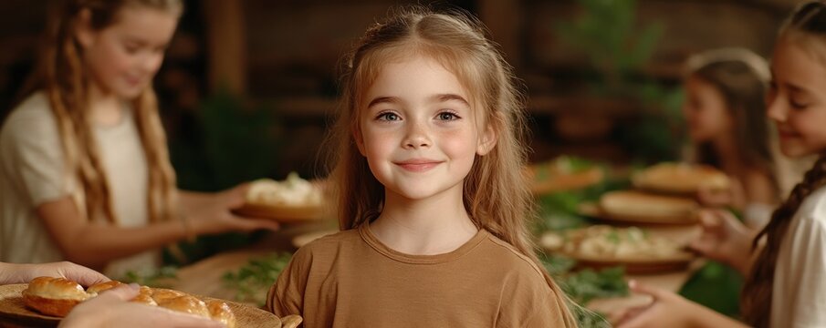 A heartwarming family gathering around a long wooden table, sharing delicious food and heartfelt blessings Children pass platters of freshly baked bread and other treats The scene evokes feelings of