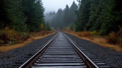Fototapeta premium Fog envelops the old railroad track, creating a serene atmosphere as it leads through the dense forest under soft morning light