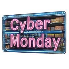 Obraz premium Vibrant Cyber Monday sale sign in a retail store, highlighting discounts and promotions. Shop smart and save big on amazing deals!