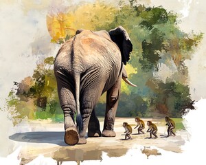 Majestic African elephant walking away, followed by a troop of monkeys. Watercolor painting style, showcasing wildlife in a natural habitat.