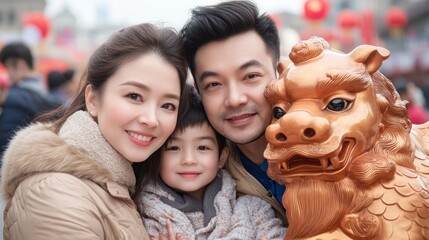 A joyous family poses for a heartwarming photo with a majestic, giant zodiac animal statue at a vibrant Chinese New Year festival celebration Capture the festive spirit of Lunar New Year with this