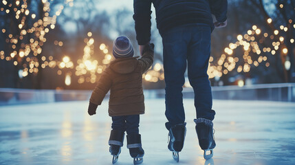 A child and adult enjoying ice skating together during a festive winter evening with twinkling lights in the background.
