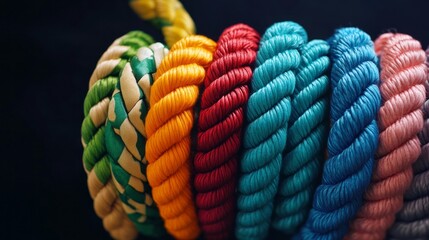 A row of colorful ropes are arranged in a line