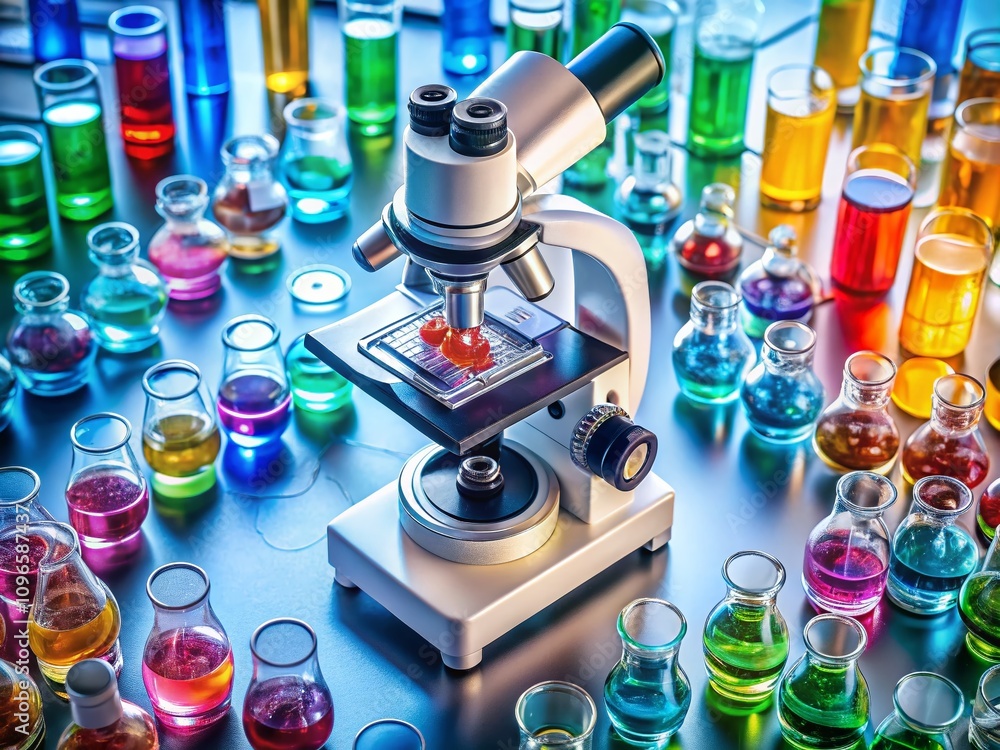 Poster close-up of a laboratory microscope with slides surrounded by vials and lab equipment in a modern re