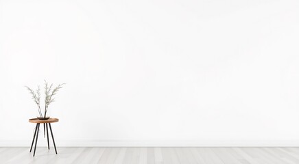 Minimalist white wall with wooden floor and side table.