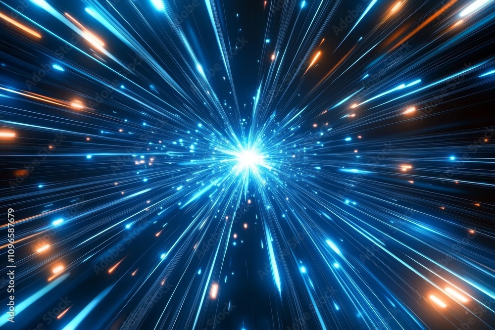Poster this design features an abstract composition on a striking blue background, evoking light speed with