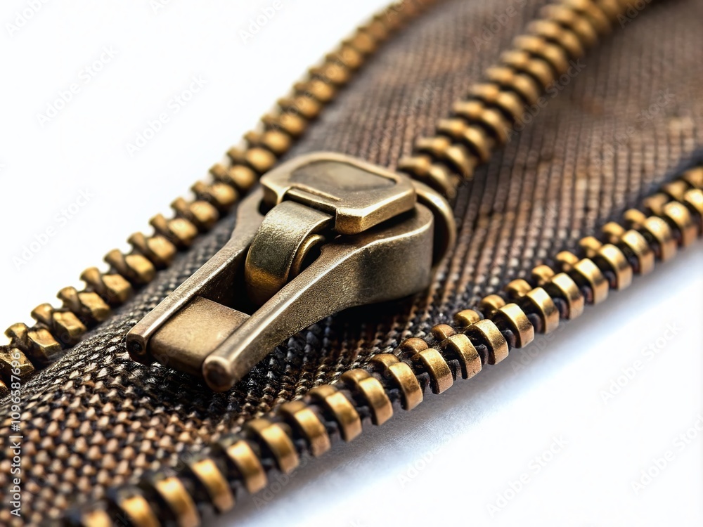 Poster close-up of a metal bronze open zipper isolated on a transparent background with tilt-shift effect f