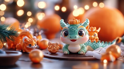 Celebrate the Lunar New Year with a charming table setting featuring adorable figurines of all twelve Chinese zodiac animals This enchanting display embodies the rich traditions and festive spirit of