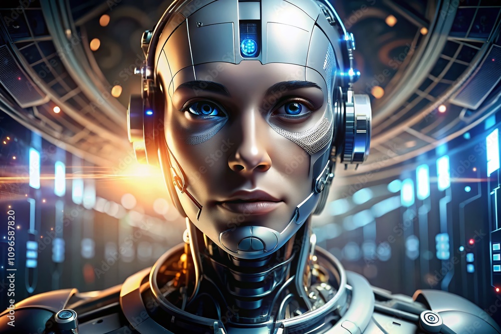 Poster close-up of a robot's face with human features in a high-tech environment, showcasing emotion and in