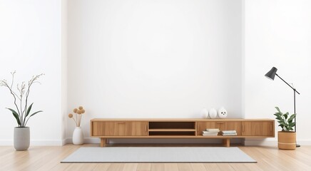 Modern living room with wooden media console, grey rug and white walls.