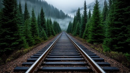 Fototapeta premium Fog envelops the old railroad track, creating a serene atmosphere as it leads through the dense forest under soft morning light