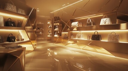 A luxurious boutique interior with high-end handbags and glittering accessories displayed on modern, geometric shelves with ambient, warm lighting