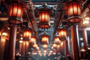 Serene Festive Atmosphere A Temple Ceiling Adorned with Hanging Red Lanterns, Illuminating a Sacred Space with Warm, Glowing Light Experience the Tranquil Beauty and Rich Cultural Heritage Reflected