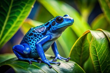 Obraz premium Close-Up of a Vibrant Blue Poison Dart Frog in Its Natural Habitat, Showcasing Intricate Skin Patterns and Bright Colors Amidst Lush Tropical Foliage and Rainforest Background