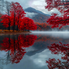 Stunning image of colorful autumn leaves with morning mist and Mt.Fuji, red leaves reflected in...