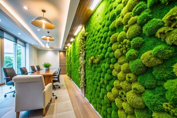 Close-up of a Vibrant Green Moss Wall in a Modern Medical Office Featuring Eco-Friendly Decor Elements for a Fresh, Inviting Atmosphere