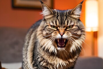 Fototapeta premium Cat with a furious face against a blurred living room background with copy space. Angry cat at home.
