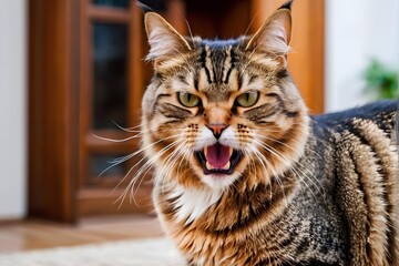 Cat with a furious face against a blurred living room background with copy space. Angry cat at home.