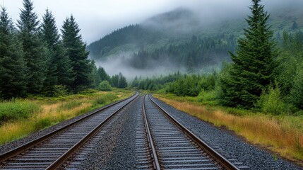 Fototapeta premium Fog envelops the old railroad track, creating a serene atmosphere as it leads through the dense forest under soft morning light