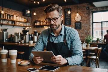Coffee shop owner using tablet pc in cafe