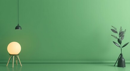 Minimalist green room interior with a hanging lamp, a plant in a vase, and a glowing orb on a wooden tripod.