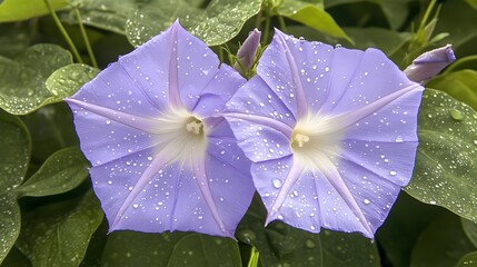 Two purple morning glories with raindrops on lush green leaves.