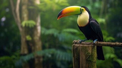 Naklejka premium Captivating Solitary Toucan Perched on a Natural Log Amidst Lush Greenery in a Tropical Forest Setting, Showcasing Vivid Colors and Serenity of Wildlife