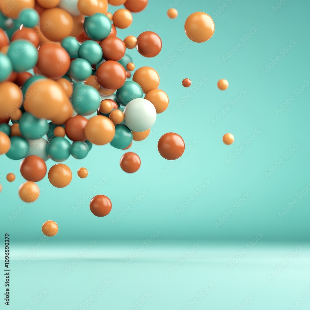 Poster abstract 3d rendering of colorful spheres floating against a teal background.