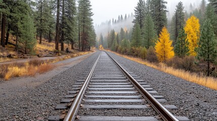 Obraz premium Fog envelops the old railroad track, creating a serene atmosphere as it leads through the dense forest under soft morning light