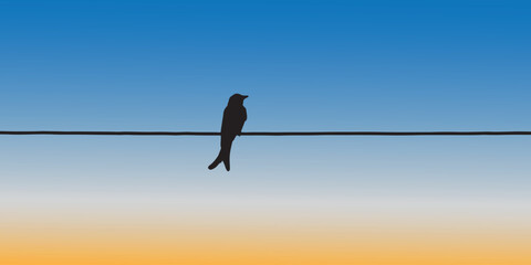 Silhouette of a bird perched on a wire against a vibrant gradient sky, designed as a minimalist vector art piece, ideal for nature-themed projects, greeting cards, and decorative designs.