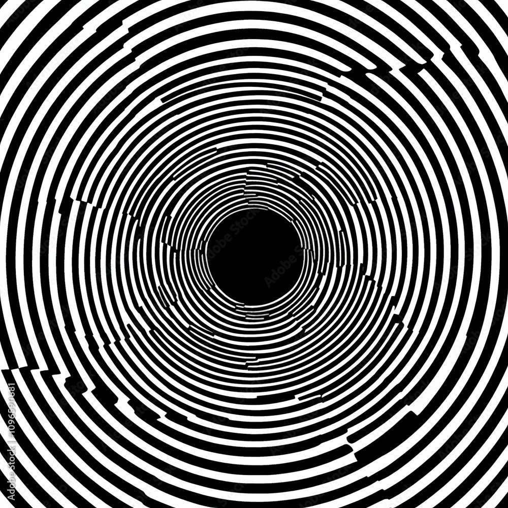 Poster abstract black and white concentric circles design with distortion effect.
