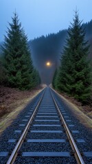 Fototapeta premium Fog envelops the old railroad track, creating a serene atmosphere as it leads through the dense forest under soft morning light